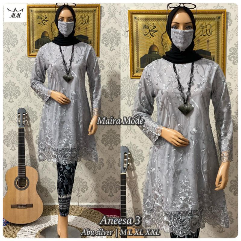 SET KEBAYA TUNIK TULLE - KEBAYA TUNIK ANEESA 2 - KEBAYA WISUDA - KEBAYA KONDANGAN - KEBAYA BROKAT-Silver