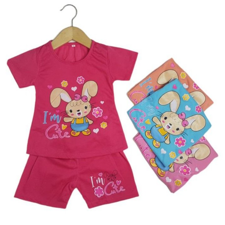 SETELAN SIKUNING PAKAIAN BAJU ANAK PEREMPUAN 2-7 TAHUN MOTIF RABBIT IM CUTE CELANA PENDEK