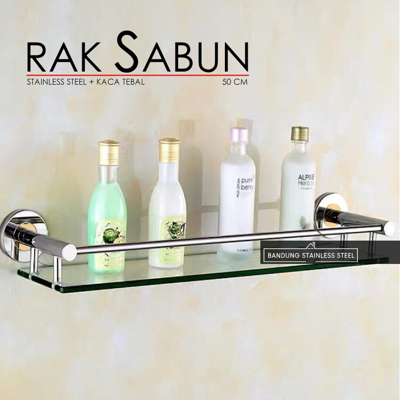 Rak Tempat sabun shampo stainless kaca tebal 1 susun 50 cm persegi kamar mandi