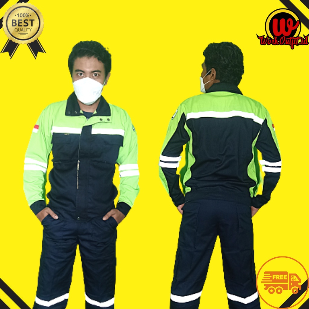 Atasan Wearpack Semi Jacket | Baju Safety Navy - Hijau Stabilo