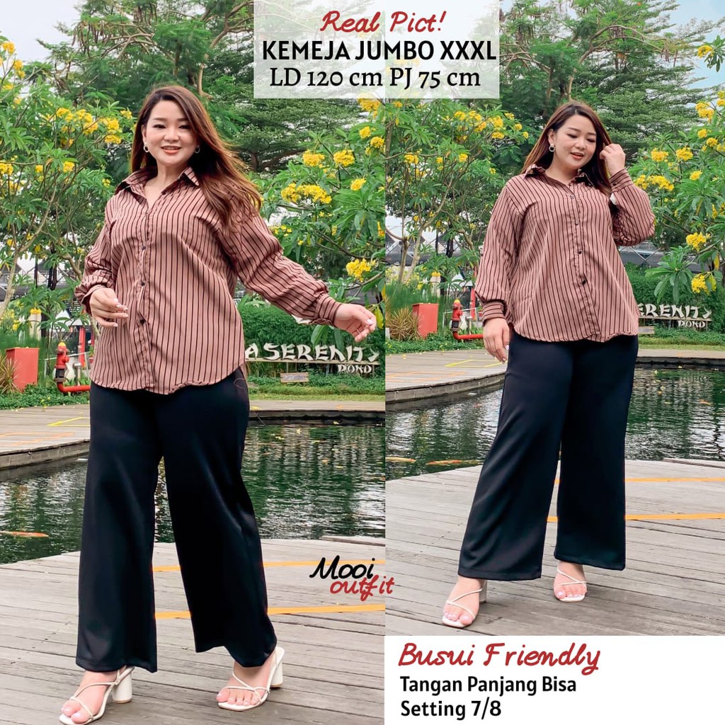 Kemeja Salur Oversize Wanita Jumbo Silang Belakang Atasan Kekinian Stripe