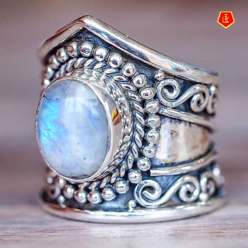 [Ready Stock]Retro Moonstone Silver Ring Women's Black Agate Turquoise