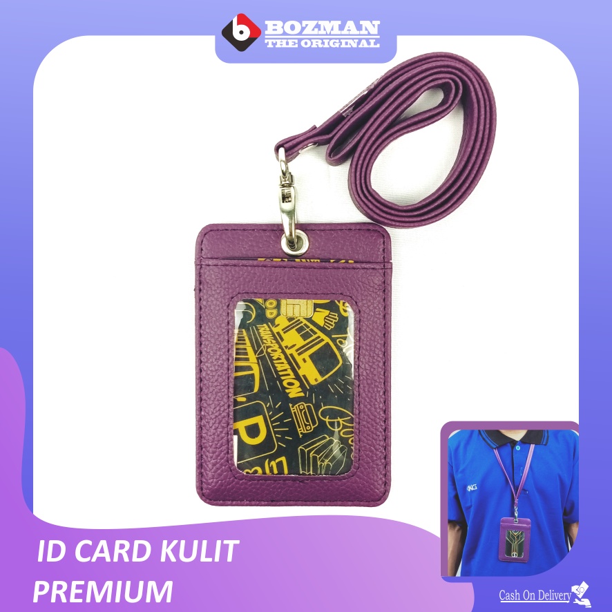 ID Card Holder NameTag Kulit PU Leather Lanyard Kualitas Premium