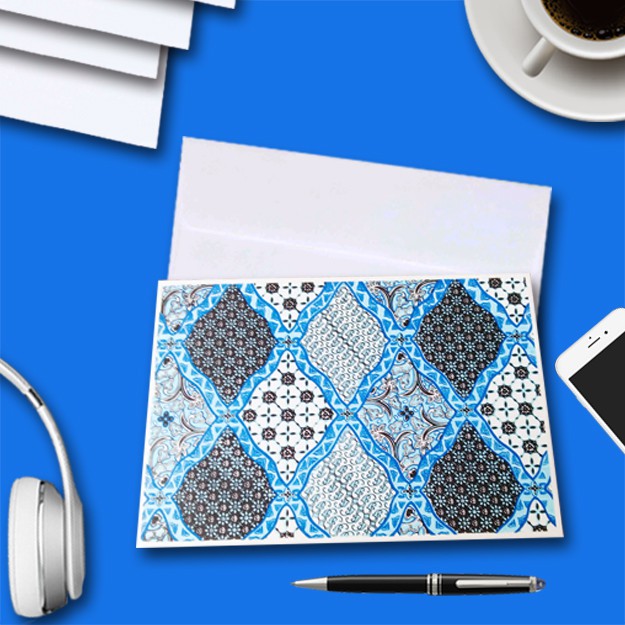 

Blank Greeting Card for Eid Fitri Handmade Blue Sidoluhur Pattern Batik Adha Natal Christmas Adha