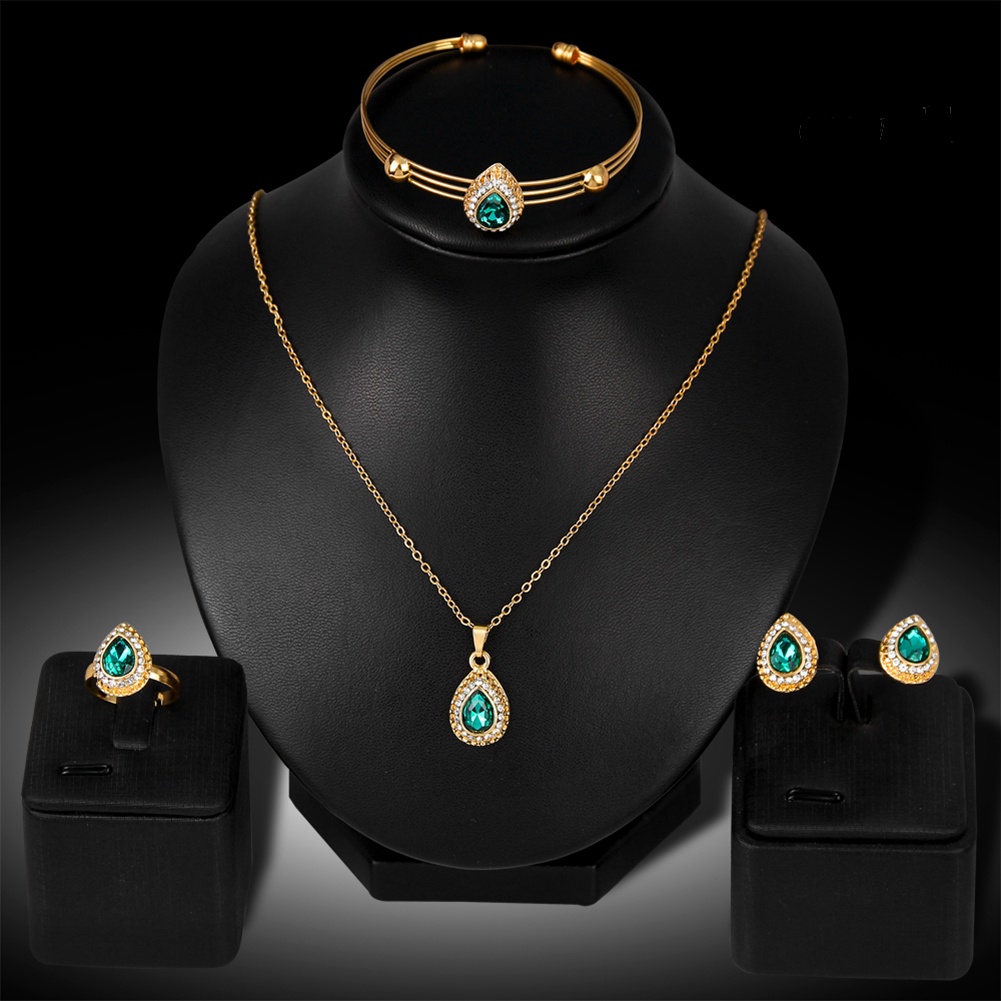 OW@ Women Retro Water Drop Gold Plated Jewelry Set Necklace Bracelet Earrings Ring