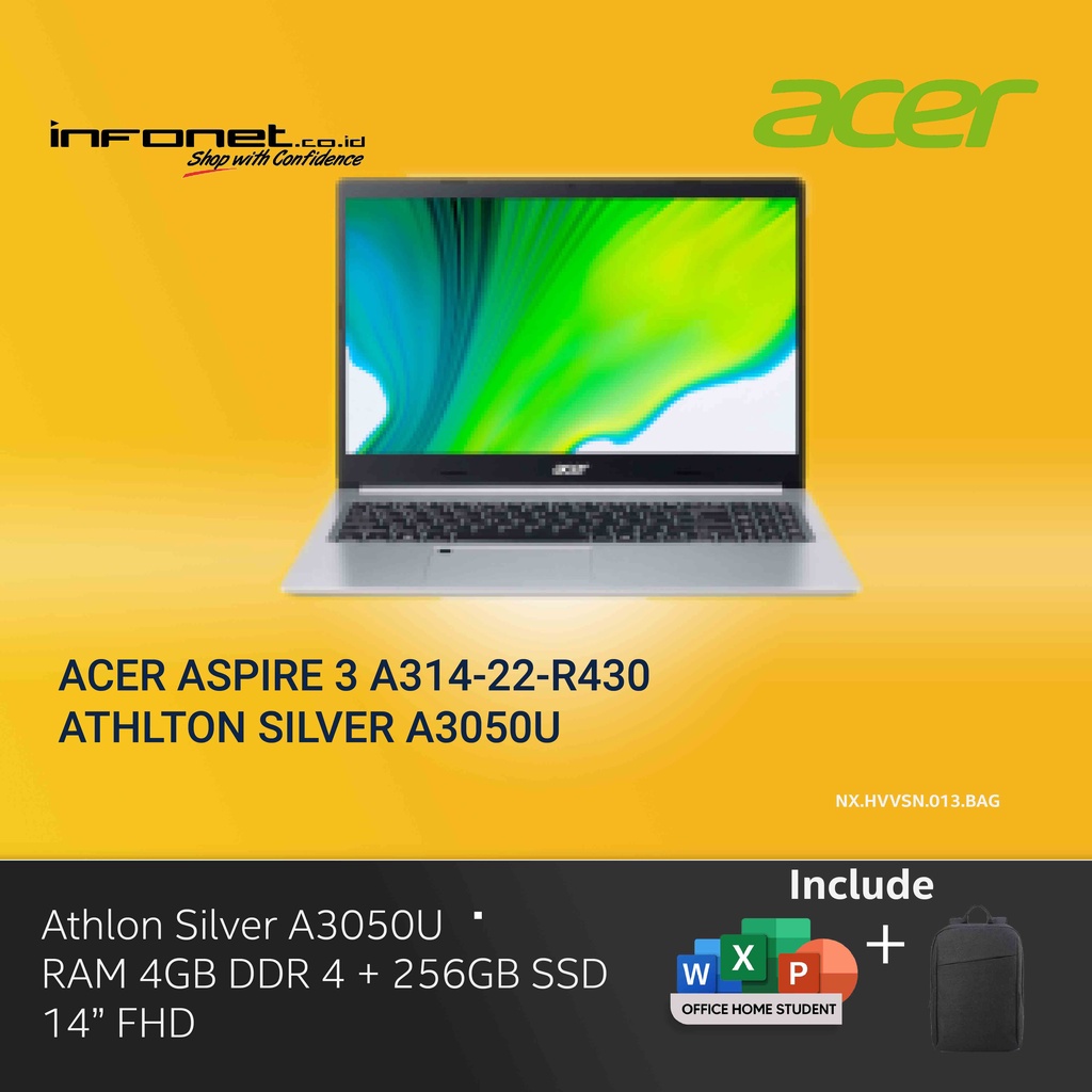 ACER ASPIRE 3 A314-22-R430 ATHLON SILVER A3050U 4GB 256GB SSD AMD RADEON GRAPHICS 14" FHD W11 OHS21