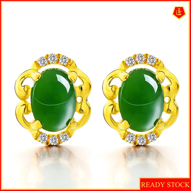 [Ready Stock]New Hetian Jade Green Chalcedony Stud Earrings for Women