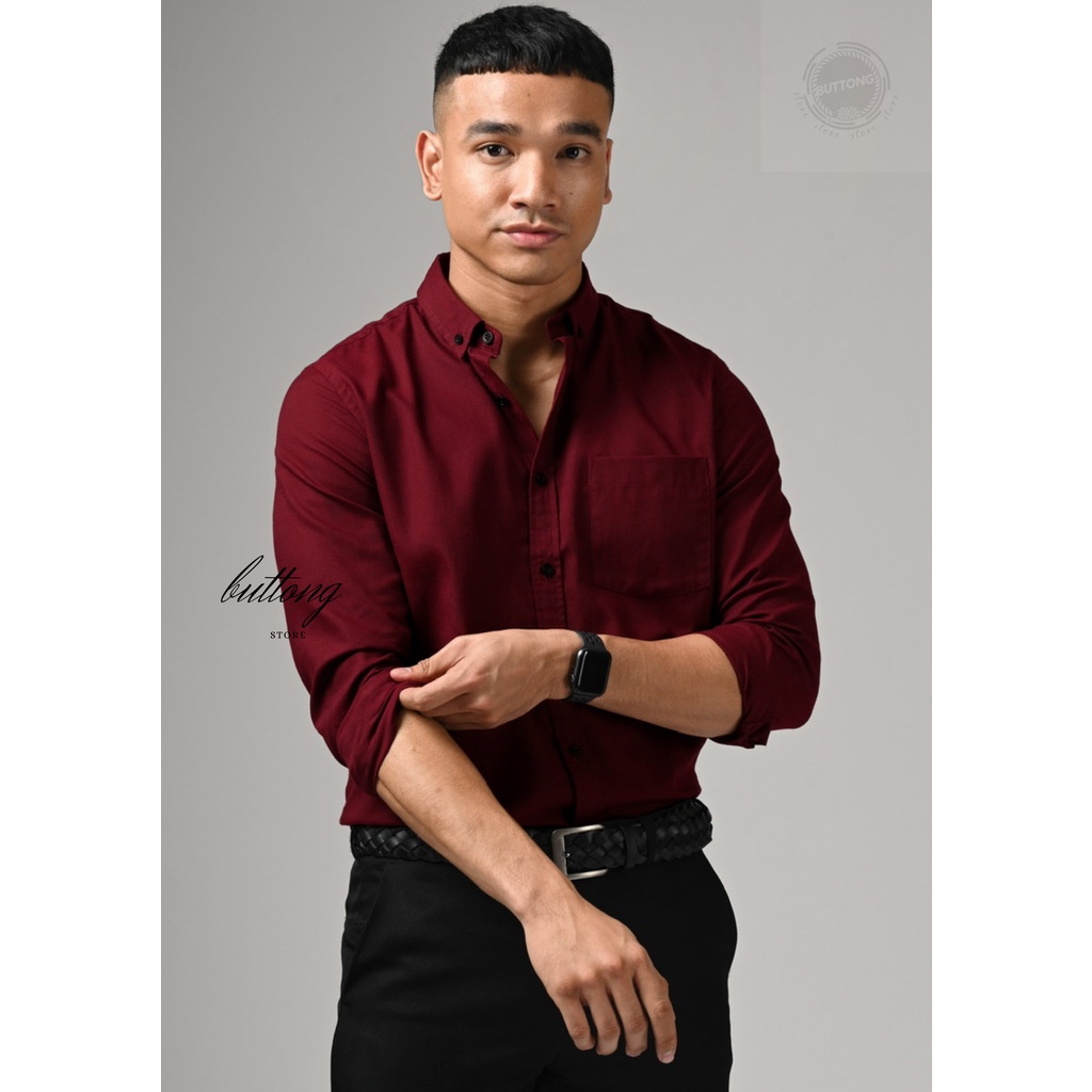 kemeja panjang linen polos panjang slim fit hem kasual warna merah maroon kemeja kekinia berukuran