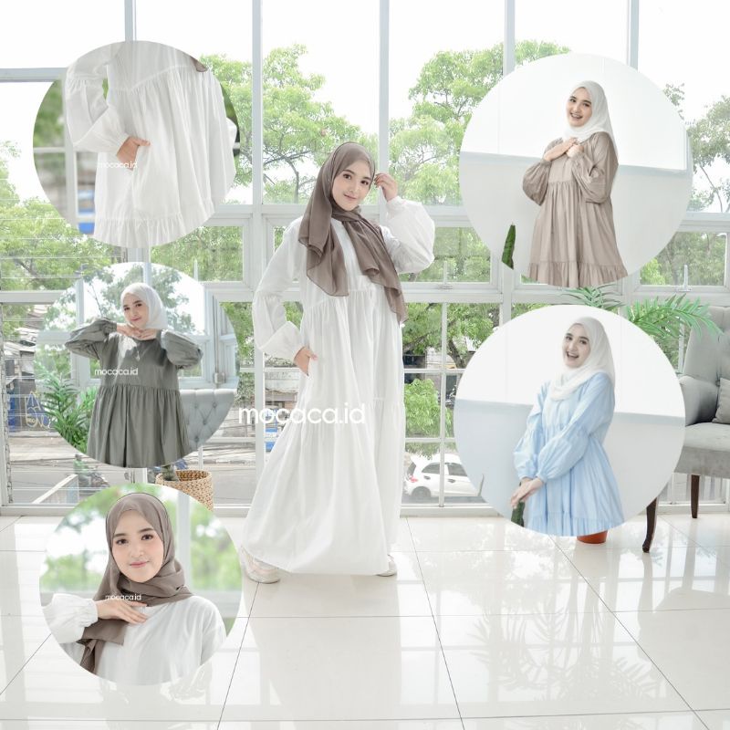 Dress Remple Babydoll katun poplin premium lengan balon busui friendly polos adem putih biru cream