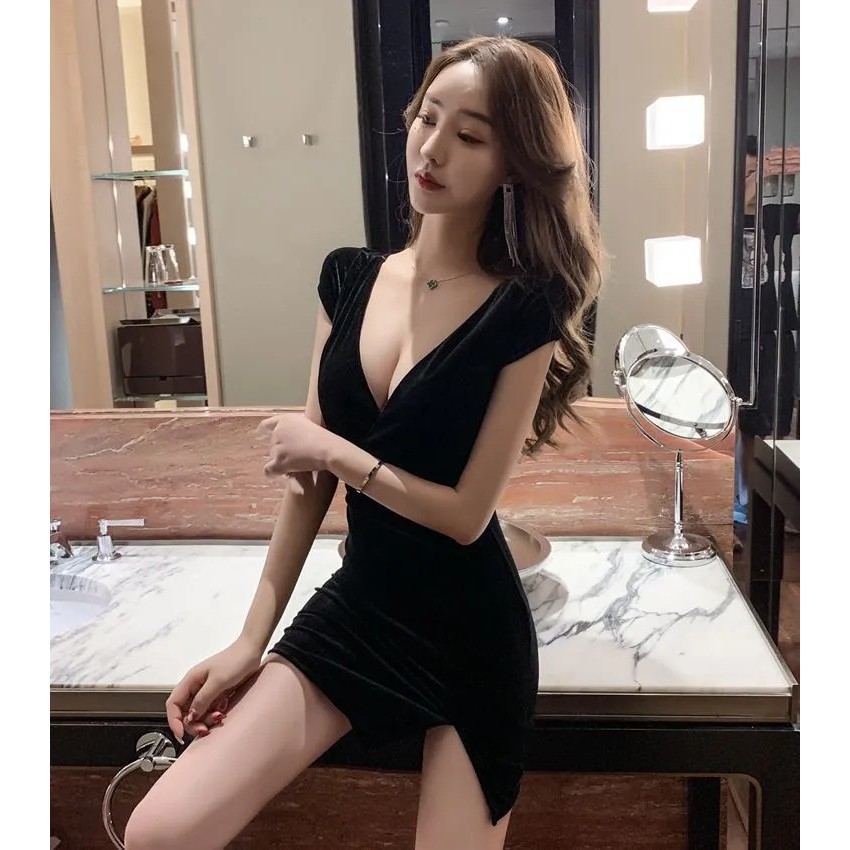 V Neck Short Sleeve Cut Out Waist Velvet Mini Dress with Side Split 1053 (S - XL)