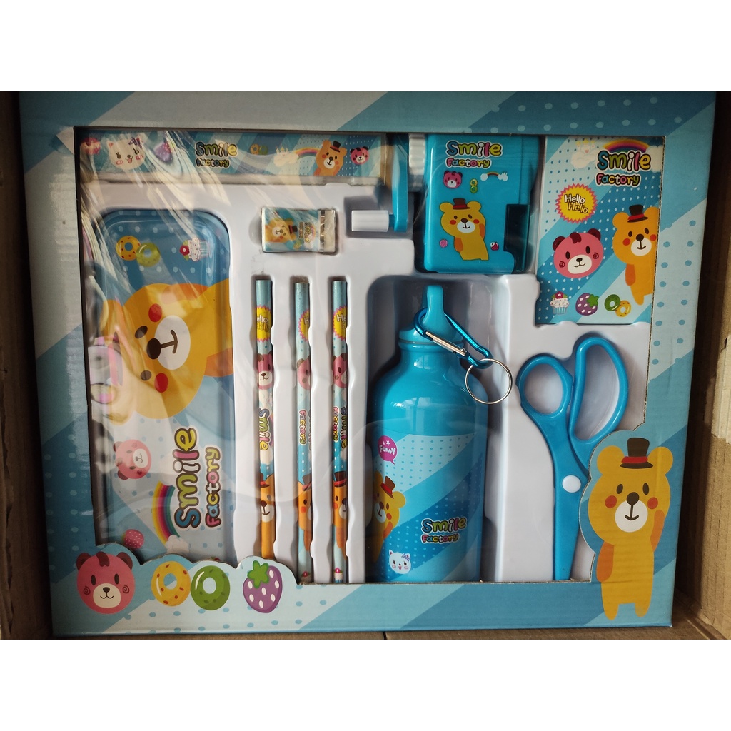 

Favorit] Alat Tulis Set Medium 8 in 1 PLus Botol Air Minum Motif Karakter S0007 - Smile Blue