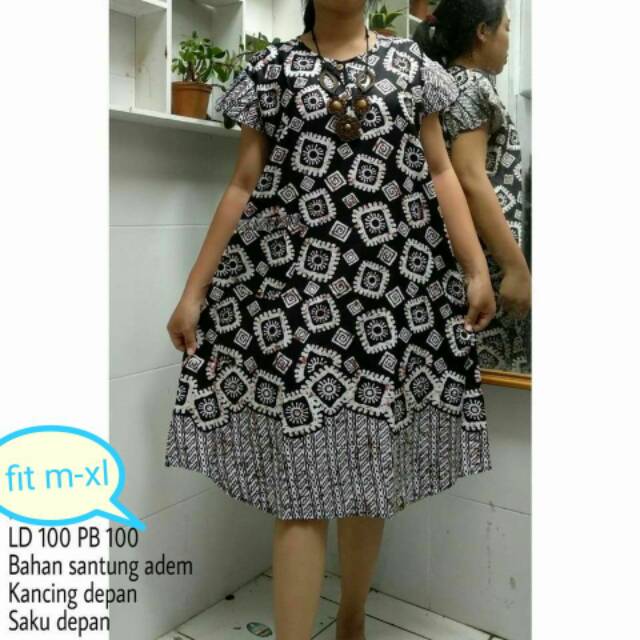 Daster Wanita Khansa Cap Solo Batik Monocrome Fit M-XL Daster Cewek Hitam Putih Dengan Kancing