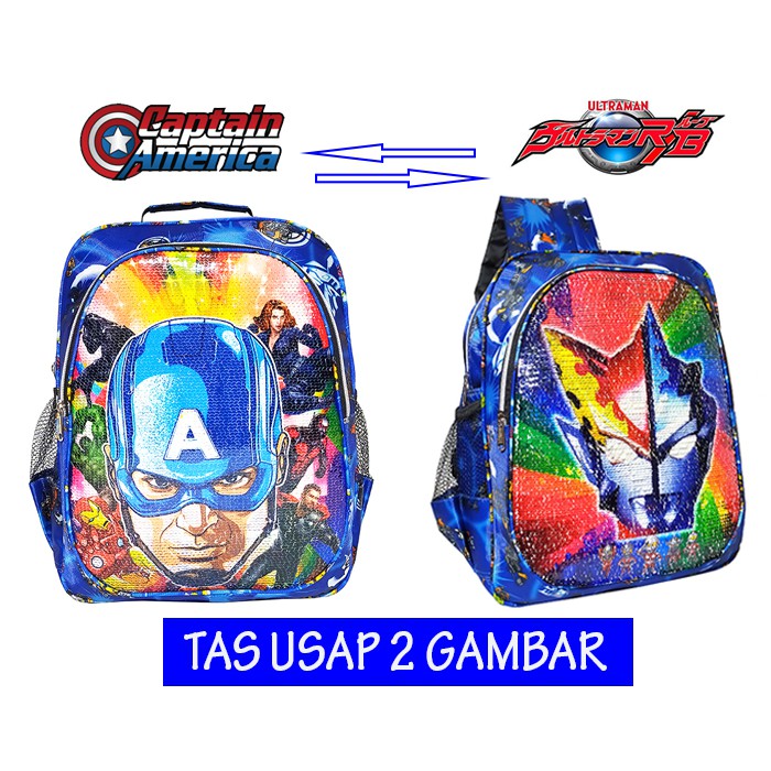 Tas ransel usap 2 gambar karakter spiderman Ultraman Ironman Tobot captain America Transformers