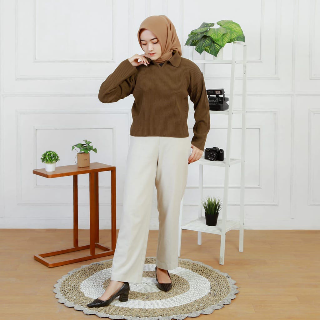 Knit crop rajut sweater blouse kerah polo shirt wanita