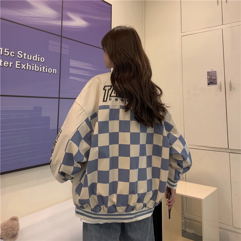 Suhao Checkerboard kotak-kotak baseball seragam wanita baru longgar cocok Amerika hip-hop goreng patch jalan jaket musim gugur jaket