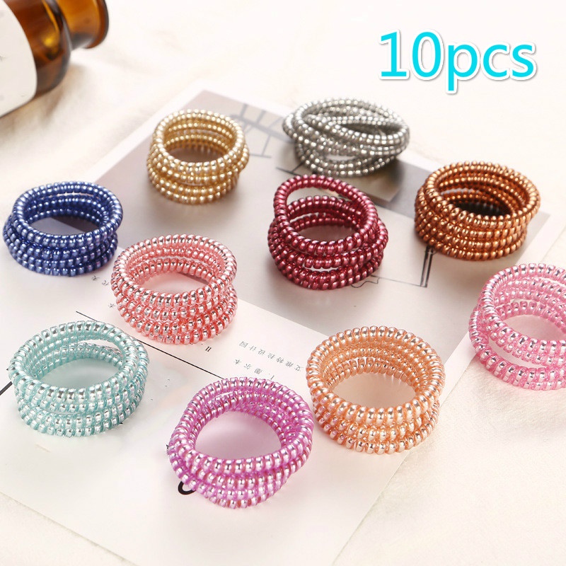 10pcs Ikat Rambut Model Kabel Telepon Spiral Bahan Plastik Warna Campur