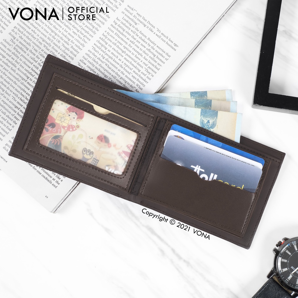 VONA Dompet Pria Lipat 3 Ruang Pendek Kulit PU Banyak Slot Kartu - Hitam Dark Brown - NOAH-3