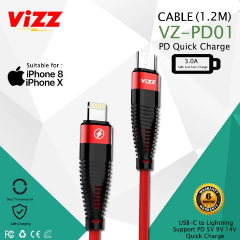 Kabel Data Vizz PD01 Tipe C To Lightning Quick Charge 3.0A 18W / Fash Charging Cable 1.2M