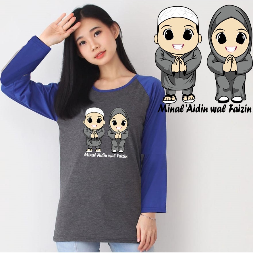 Kaos Raglan Panjang Abu Tua Gambar Animasi Minal Aidin Wal Faizin