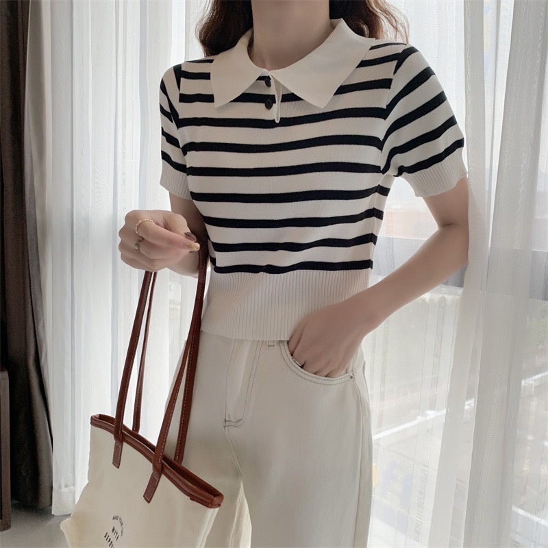 IRENE atasan polo korea rajut garis striped retro casual