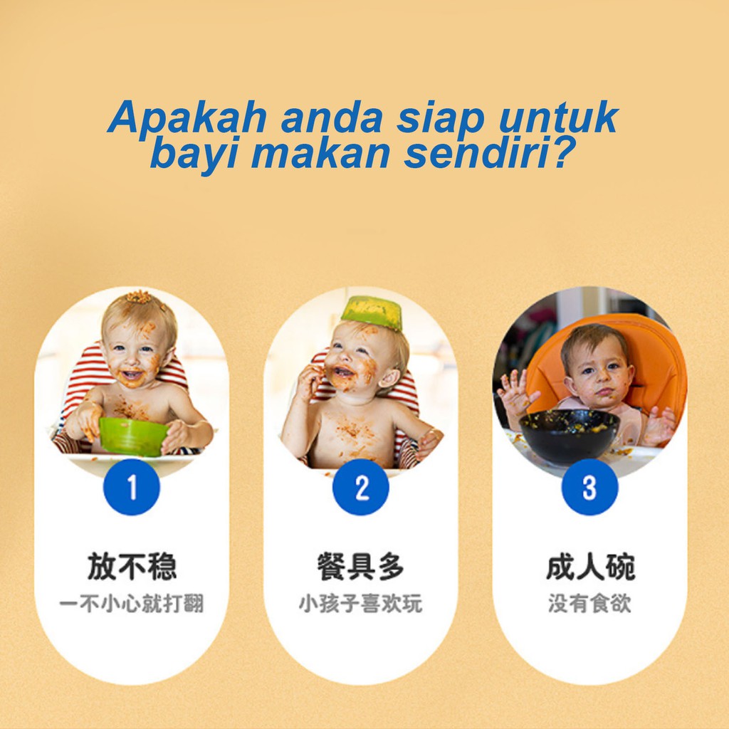 ♫ Megata ♫ A113 Mangkok Sensor Panas Anti Tumpah Bayi Anti Slip Sendok Tutup Makan Import Premium