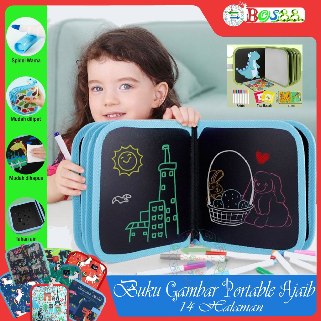 

Buku Gambar Portable Ajaib Reusable Buku Tulis Anak Bisa Dihapus 14 Halaman FREE 12 SPIDOL + 1 TISSU