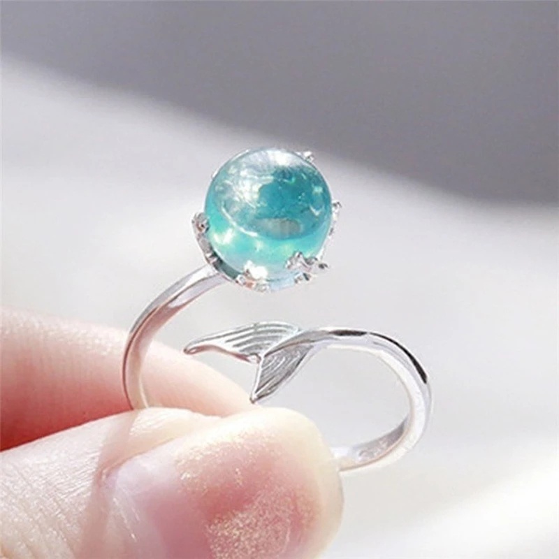 Cincin Model Terbuka Dapat Disesuaikan Desain Ekor Ikan Duyung Aksen Batu Permata Biru Kristal Gaya Retro Untuk Wanita