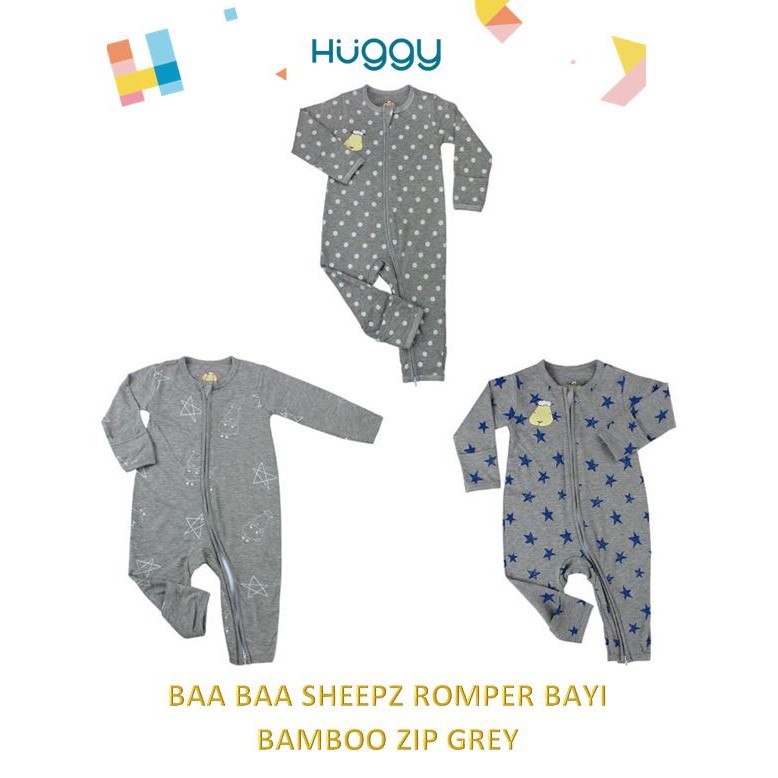 Baa Baa Sheepz Romper Bayi Bamboo Zip GREY
