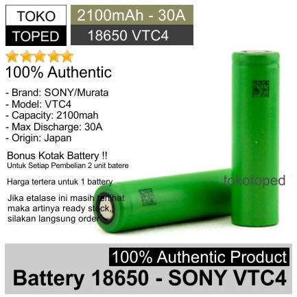 Authentic Battery 18650 Sony VTC4 2100mAh | murata original baterai batre batere rechargeable vtc 4 senter kipas