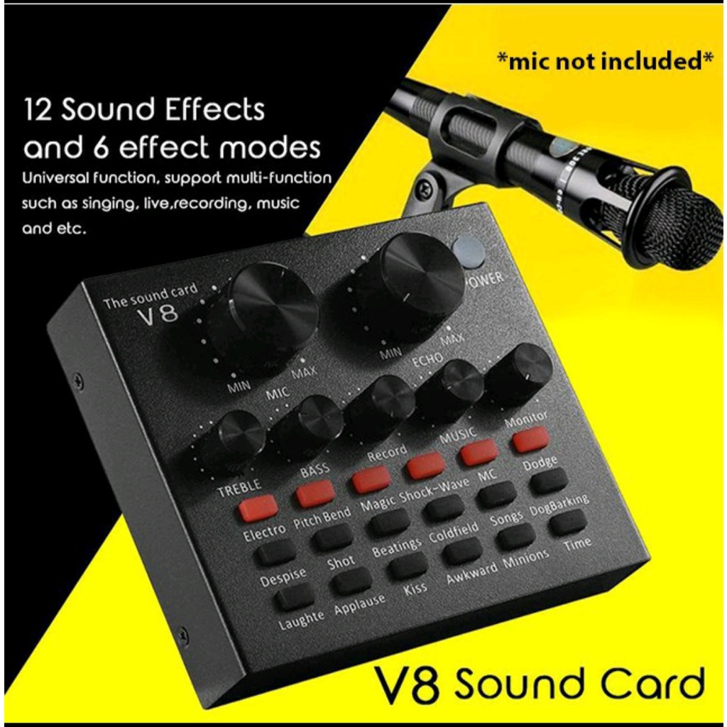 ORIGINAL BIG BASS SOUND CARD V8 MIXER EXTERNAL AUDIO MICROPHONE POWER EQUALIZER