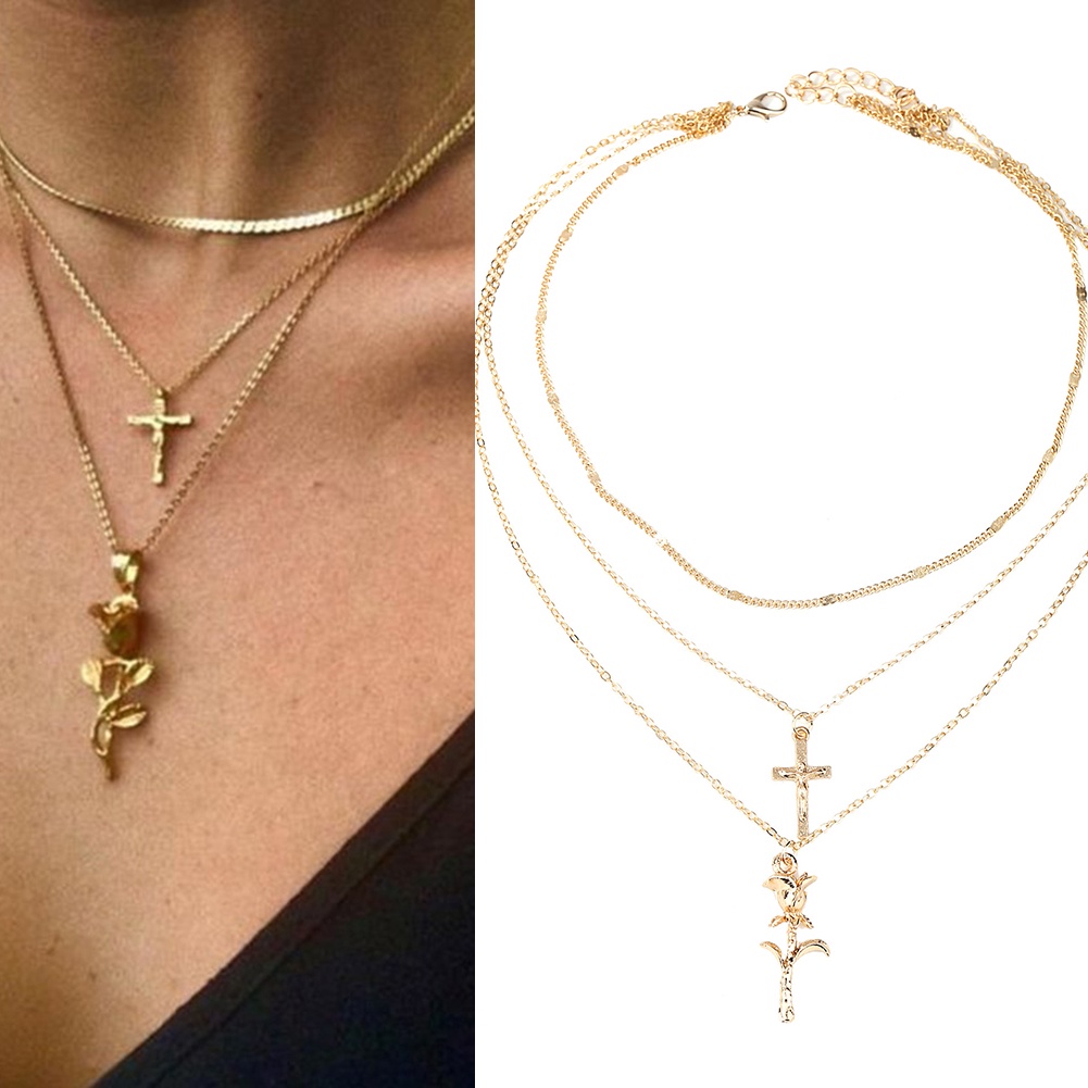 Hu Hu Hu Hu Hu Alat Bantu Pasang Kacamata♡ Kalung Rantai Multi Layer Liontin Salibbunga Mawar Warna Gold Gaya Boho Untuk Wanita