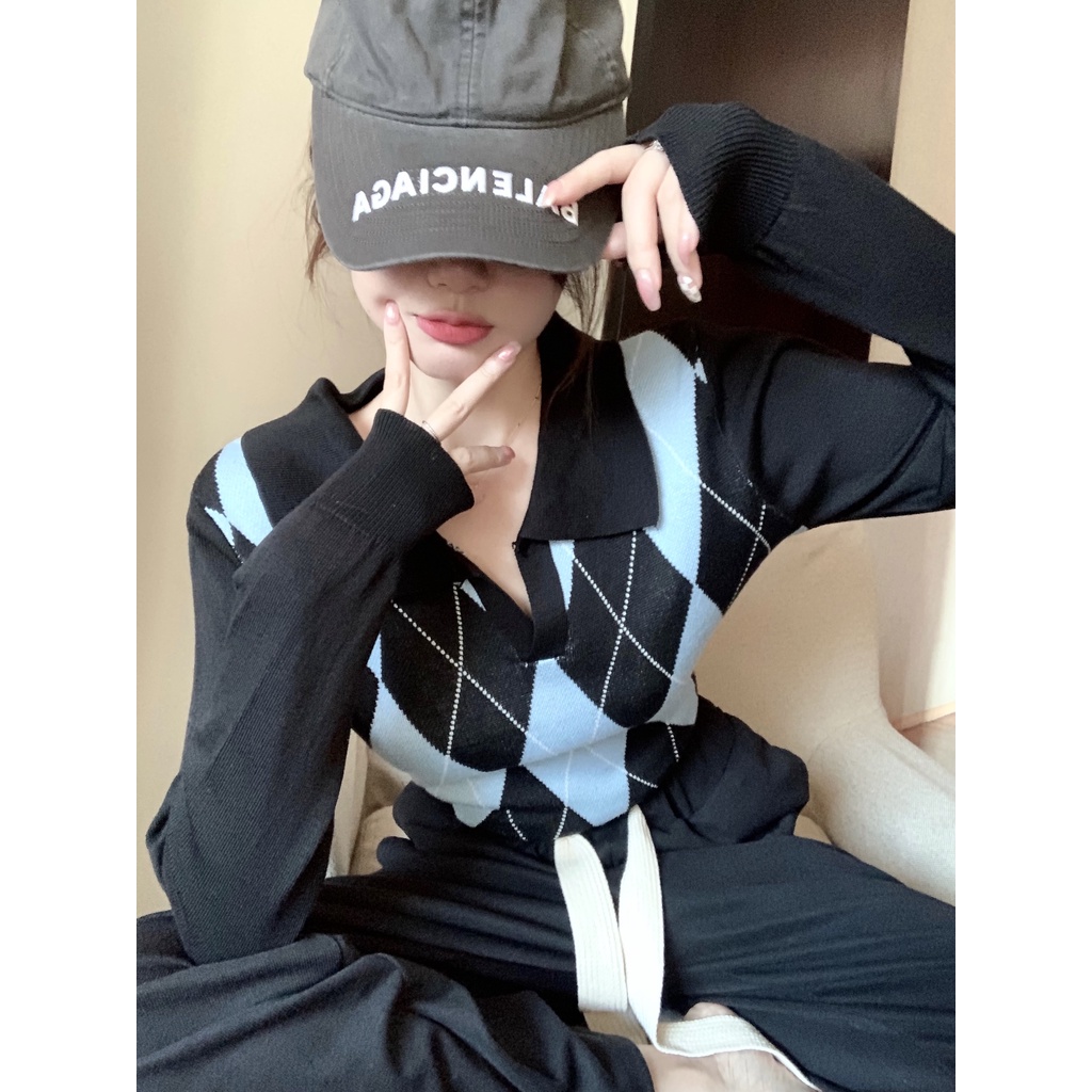 Knit Kotak Kotak Knitwear Korea V-neck Crop Top Knit Lengan Panjang Knitwear Longgar