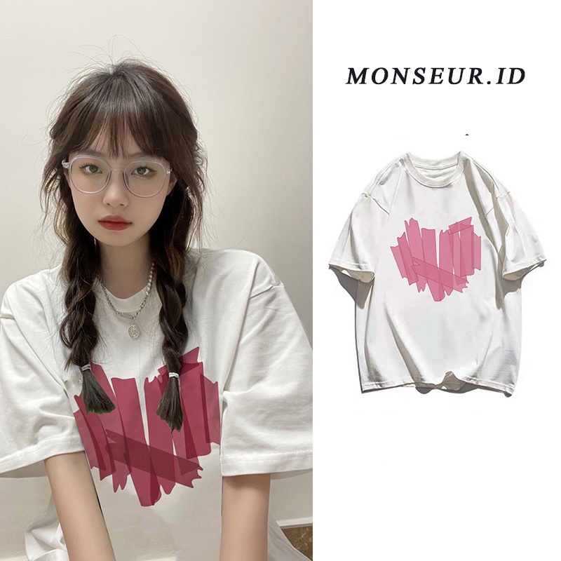 lengan pendek t-shirt wanita oversize love printed putih kaos korean style baju wanita atasan