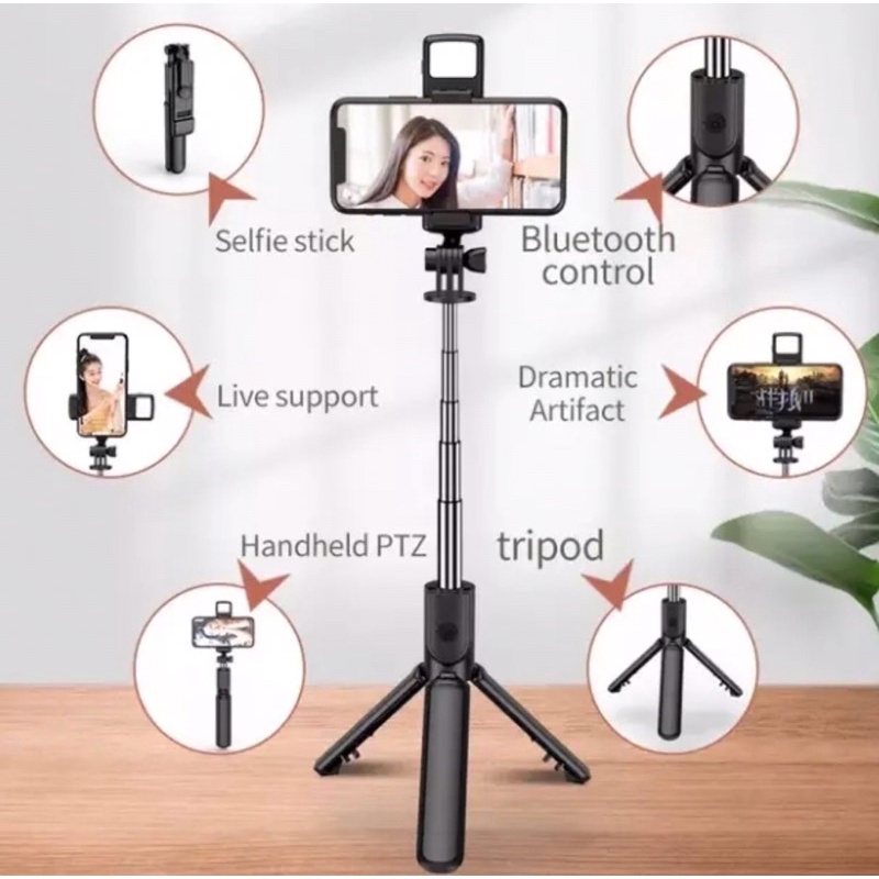 Tongsis Tripod Bluetooth Selfie Vlog LED Light 4 in 1