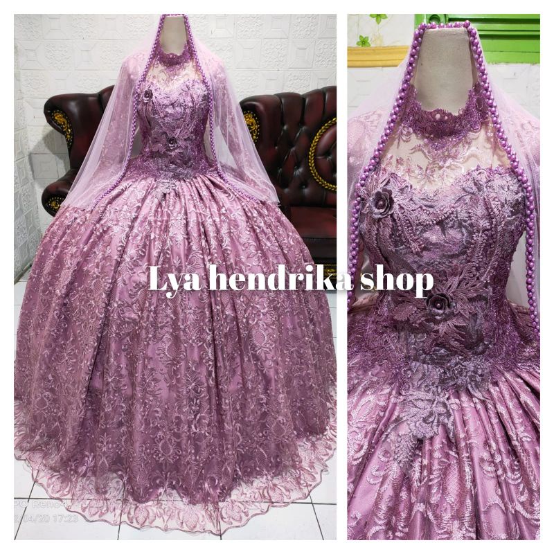 Gaun pengantin ballgown+veil Payet mutiara