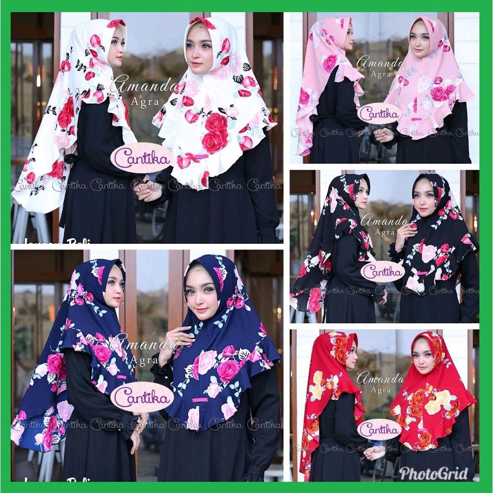 Amanda Agra ✅ Hijab Khimar Instan Ammanda / Kerudung BubblePrint Instan With Pet Motif Bunga Merah