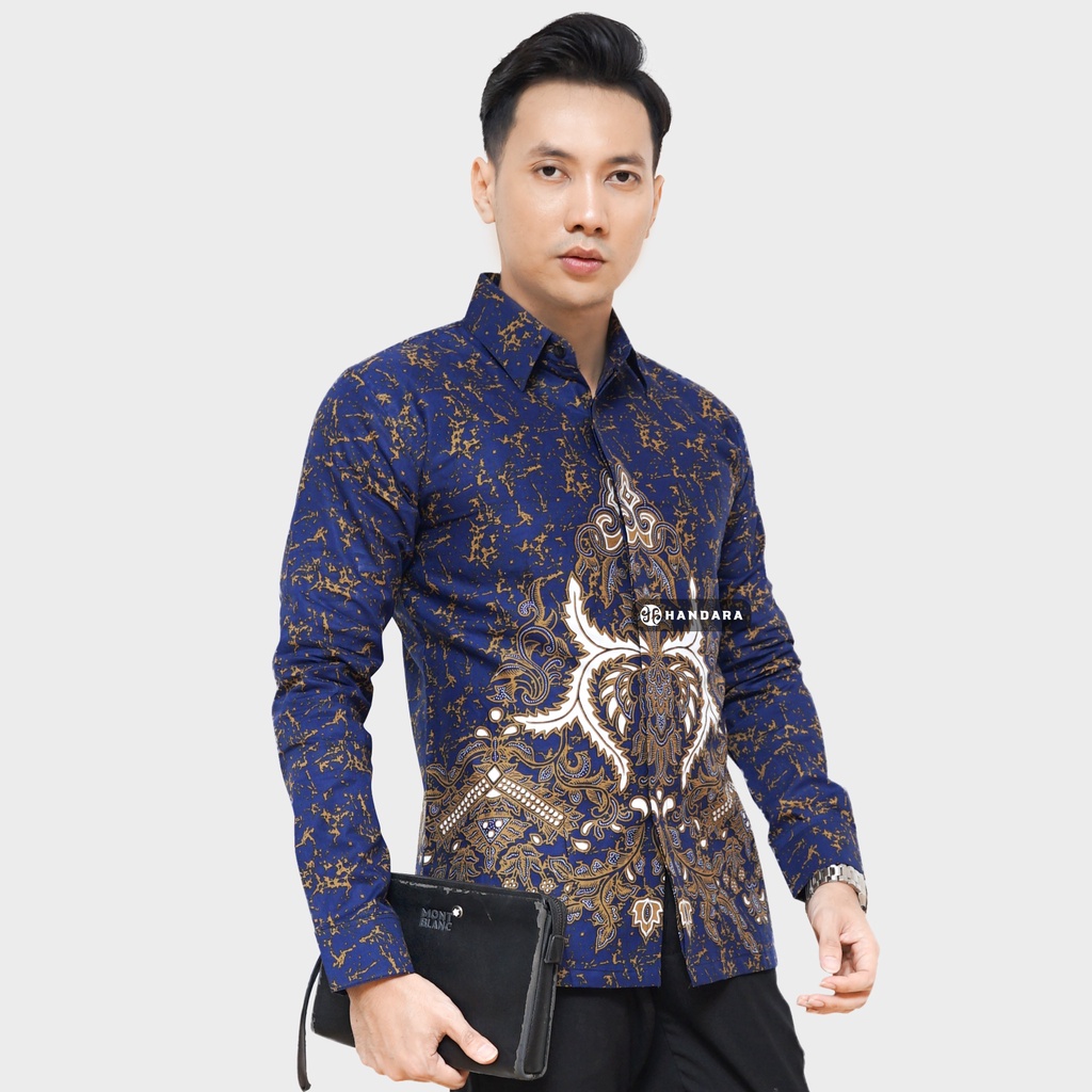 Baju Kemeja Batik Pria Lengan Panjang Slim Fit Premium Modern Full Furing Katun Halus Original Handara Motif Guruh Biru HB-110