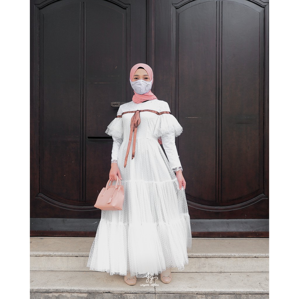 CANADIA DRESS BYGIAGIO gaun kondangan dress akad simple gaun wedding pernikahan baju muslim putih dress lamaran elegan pakaian wanita pesta elegan fashion korea dres lebaran cantik anggun mewah nyaman gaun vintage fashion dress bahan lace tulle dot furing