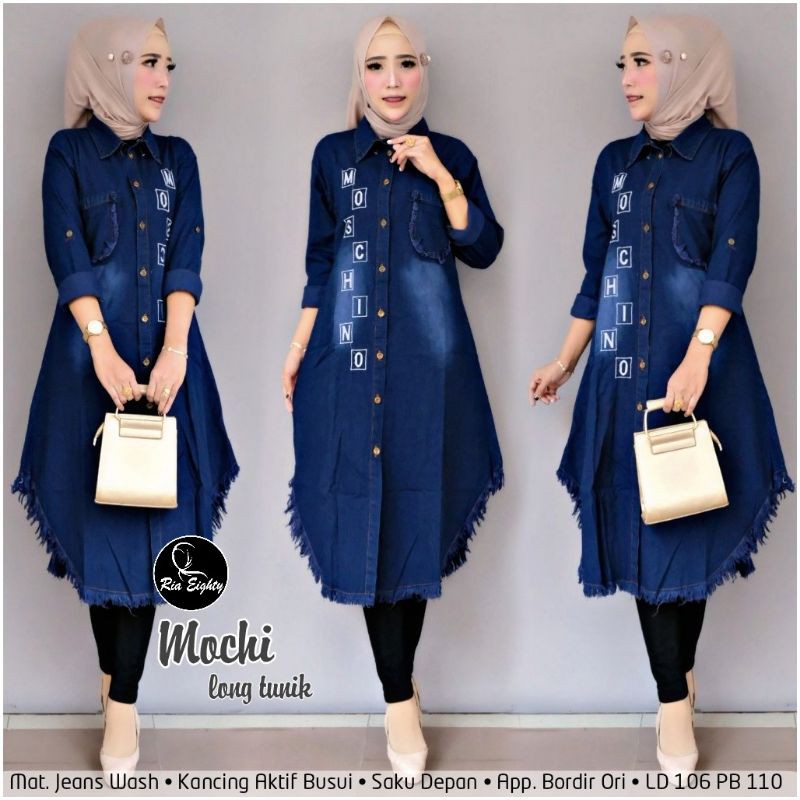 Original Mochi Long Tunik Bahan Jeanswash HQ – Atasan Wanita – Fashion Muslim – Pakaian Wanita-(COD)