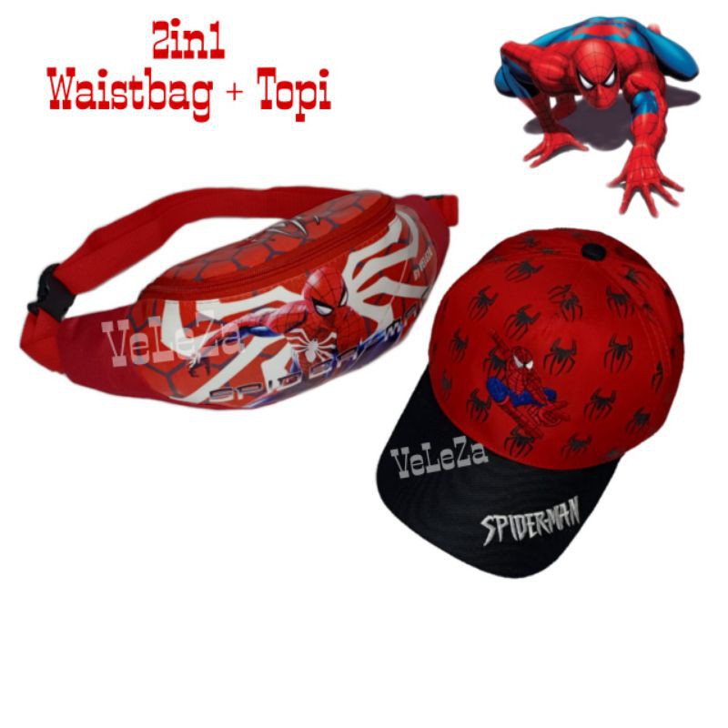 Waistbag anak karakter spiderman 2in1 - waistbag + topi