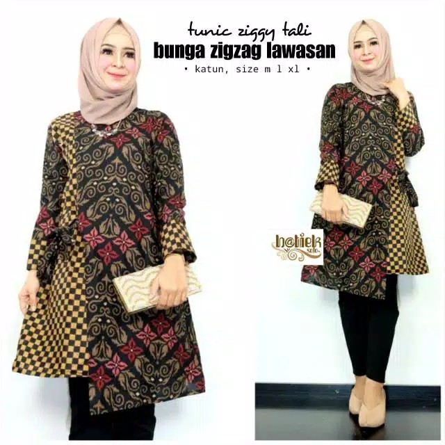 TUNIC ZIGGY TALI BUNGA ZIGZAG LAWASAN TUNIC BATIK SOGAN SERAGAM KANTOR KERJA SOLO JUMBO LD 120 XXXL