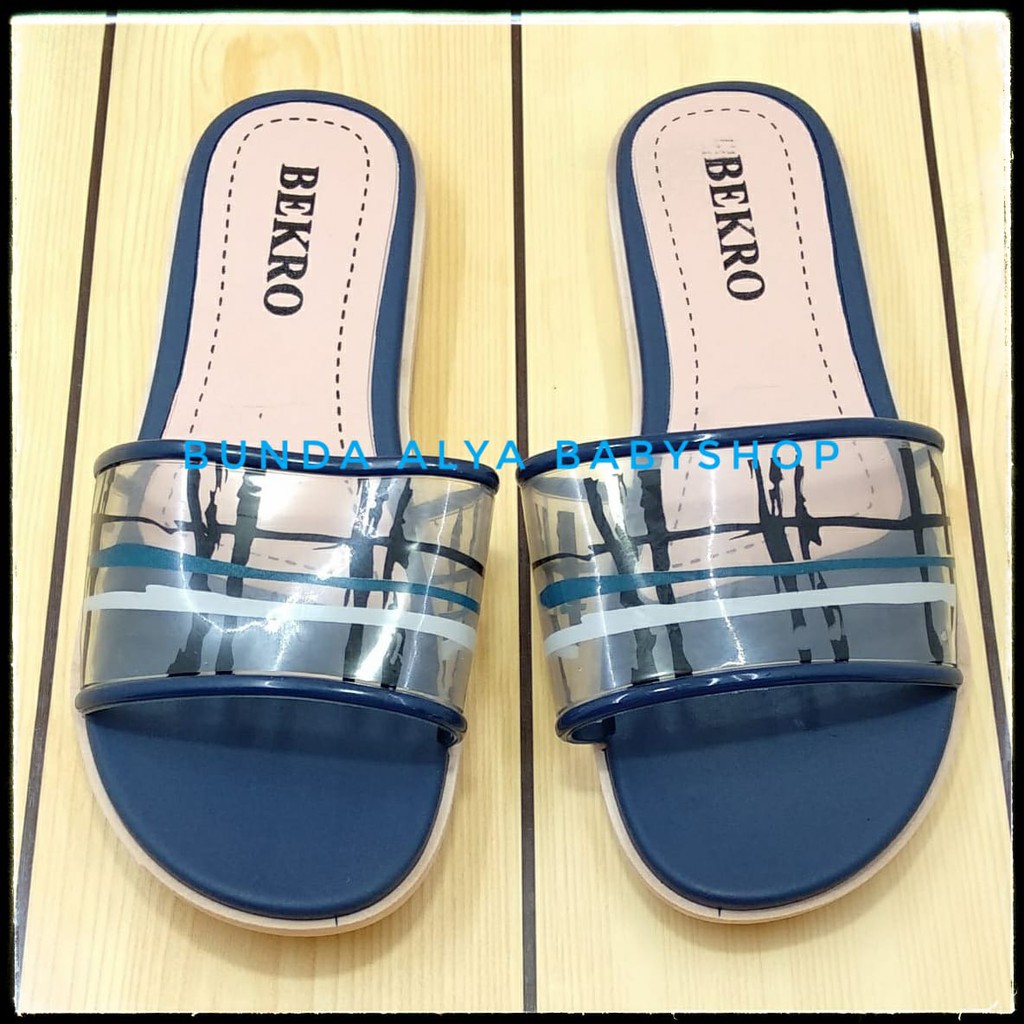 Sandal Slop Wanita Flat Teplek Terbaru Kekinian Sendal Selop Perempuan Slip Cewek Slide Ibu Pesta Kondangan - Sandal Wanita Slop NAVY Kotak Size 36 - 40  - Sendal Slop Wanita Alas Karet BEKRO - Sendal SALE