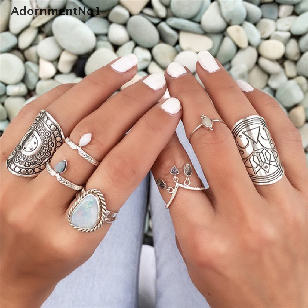 (AdornmentNo1) 4 Pcs / Set Cincin Buku Jari Aneka Bentuk Warna Silver Gaya Boho Vintage Tibet Untuk Wanita