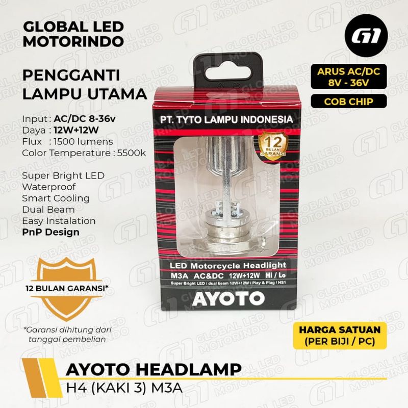 LAMPU UTAMA LED M3A HEADLAMP AYOTO H4 HS1 12 WATT PUTIH VIXION