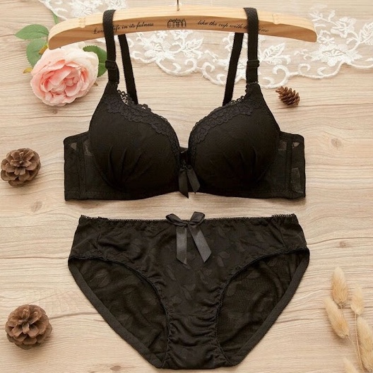 Sexy Lingerie Bra Set Murah Pakaian Dalam Wanita Seksi Setelan BH CD BS55 Hitam