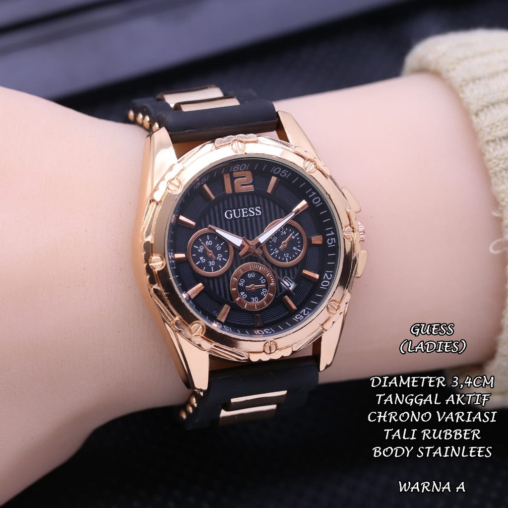 (BISA COD) JAM TANGAN WANITA GUESS TALI RUBBER BODY BULAT TANGGAL AKTIF CHRONO OFF