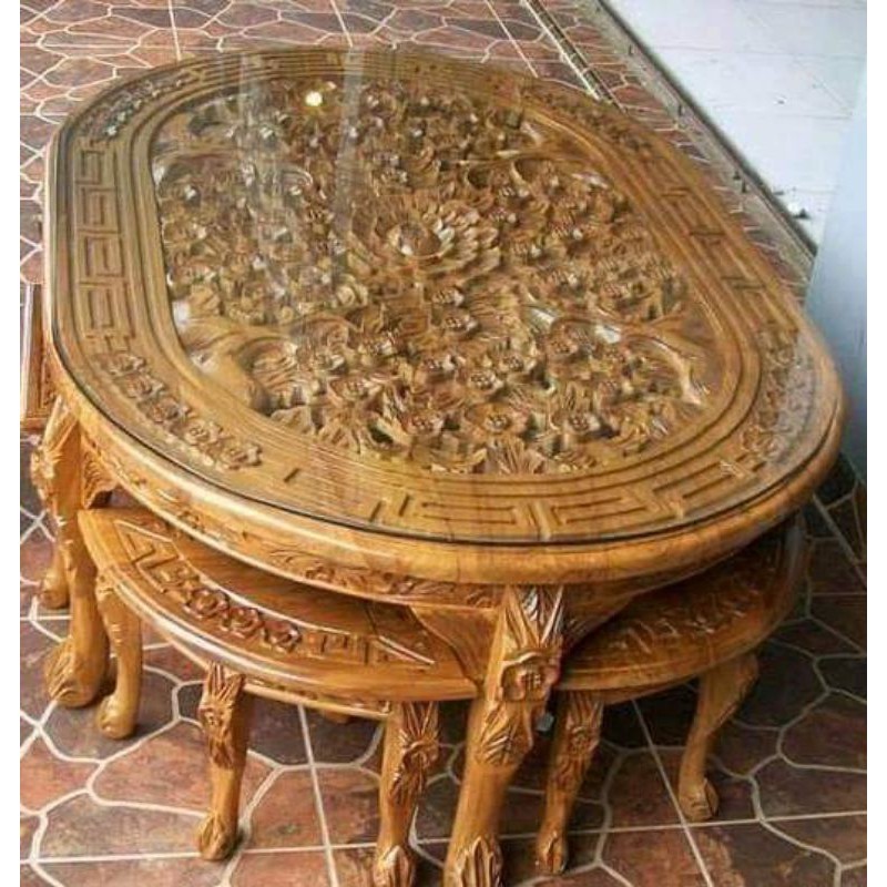 meja osin+kaca/meja ukir jepara/meja osin cat natural