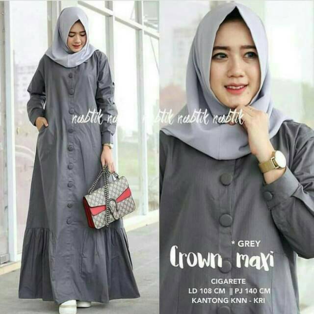 Fashion Wanita: Long Dress Muslim Lengan Panjang dengan Kancing, Warna Polos