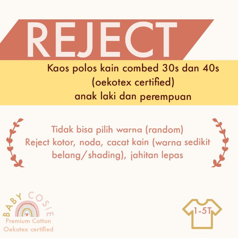 REJECT SALE KAOS POLOS ANAK UNISEX 1-5 TAHUN KATUN COMBED