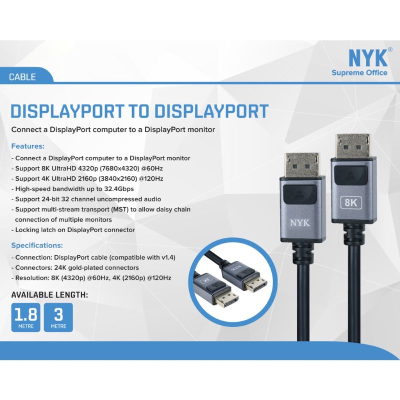 NYK DP to DP  Cable / Display Port to Display Port Kabel Original Gold Plate 8K 1.8 meter / 3 mtr